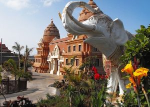 Statue of white Elephant welcoming tourist and visitor to Siam Park,Tenerife 
