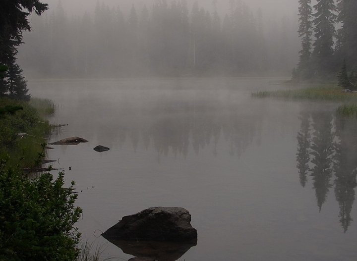 Fog on Beusch Lake, North of a white pass  from dog lake 